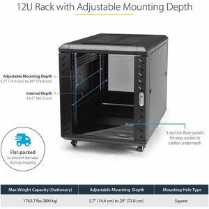 StarTech.com Armoire Rack AV 12U - Armoire Réseau avec Porte Vitrée - Profondeur 73,7cm, Jusqu'à Max. 800kg, avec Roulette