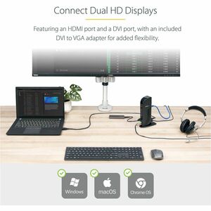 StarTech.com Station d'Accueil pour PC USB 3.0 à Double Écran avec HDMI, DVI/VGA, Hub USB-A 6x, GbE, Audio, Dock Universel