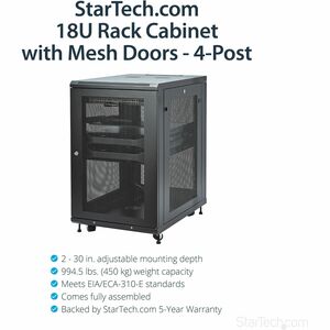 Armoire Rack 18U 19" pour Serveurs - 4 Poteaux, Profondeur Réglable 5-76,2cm, Mobile/Verrouillable/Ventilé, avec Roulettes