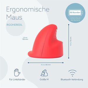R-Go Tools R-Go HE Sport, Ergonomische Maus, Mittel (Handlänge 165-185mm), linkshändig, Bluetooth, Rot. Formfaktor: Linksh