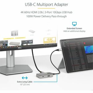 StarTech.com USB-C Multiport Adapter, USB-C auf 4K 60Hz HDMI 2.0, 100W PD, 3-Port USB 3.1 Hub, Reiseadapter/Docking Statio