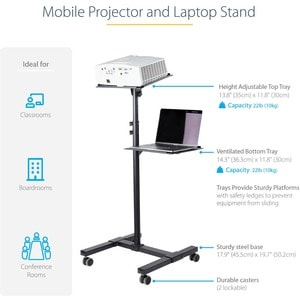 Mobiler Projektor und Laptopständer - Präsentationswagen (ADJPROJCART) - 2 Regal - 20 kg Kapazität - 4 Rollen - Stahl - 50