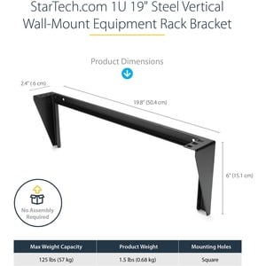 StarTech.com Support Mural en Acier pour Rack 1U - Acier - 48 cm - 56,70 kg Max - 1