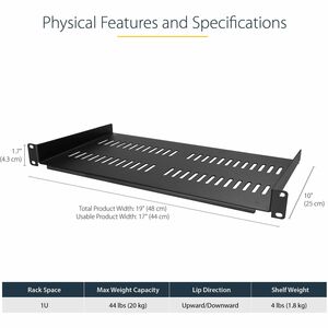 StarTech.com 1 HE Perforiertes Fachboden, Universal Rack Regal für 19" Racks, Passiv Belüftet, Schwerlast, bis 23 kg Tragk