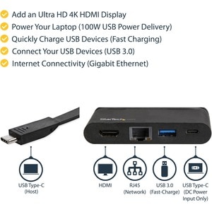 StarTech.com USB C Multiport Adapter mit HDMI - 4K - Mac / Windows - 1xA + 1xC - 100W PD 3.0 - GbE - 3 x USB-Anschlüsse - 