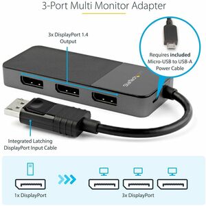 StarTech.com 3-Port Multi-Monitor DisplayPort Adapter, DP auf 3x DisplayPort 1.4 Splitter, Dreifach 4K MST Hub, USB Betrie