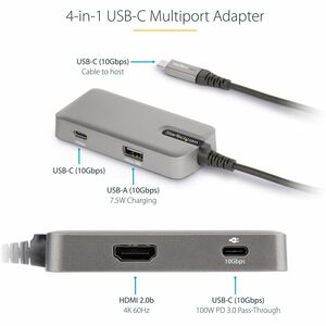 StarTech.com USB-C Multiport Adapter, USB-C auf 4K 60Hz HDMI 2.0, 100W PD, 3-Port USB 3.1 Hub, Reiseadapter/Docking Statio