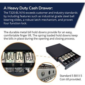 S100 DRAWER 16X16 BLK 24V 5BILL 5COIN TILL CABLE REQ