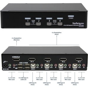 StarTech.com Commutateur KVM DisplayPort USB 4 ports avec audio - 4 Ordinateur(s) - 1 Utilisateur(s) local - WQXGA - 3840 