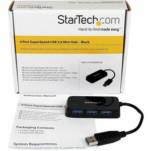 StarTech.com Hub USB 3.0 4 ports - Mini Hub USB3 Externe Portable avec câble intégré - Noir - 4 Total de ports USB - 4 Por