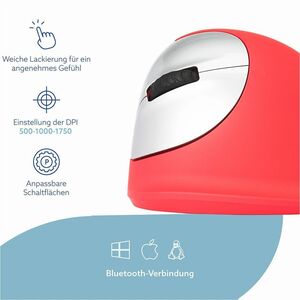 R-Go Tools R-Go HE Sport, Ergonomische Maus, Mittel (Handlänge 165-185mm), linkshändig, Bluetooth, Rot. Formfaktor: Linksh
