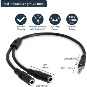 StarTech.com Schlankes Stereo-Splitter-Kabel - 3,5-mm-Stecker auf 2x 3,5-mm-Buchse - Cable for Audiogerät, Kopfhörer, Laut