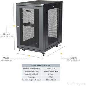 Armoire Rack 18U 19" pour Serveurs - 4 Poteaux, Profondeur Réglable 5-76,2cm, Mobile/Verrouillable/Ventilé, avec Roulettes