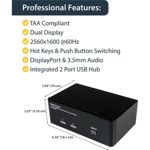StarTech.com Commutateur KVM 2 Ports DisplayPort, USB et Audio - Switch KVM - 2560x1600 - 2 Ordinateur(s) - 1 Utilisateur(