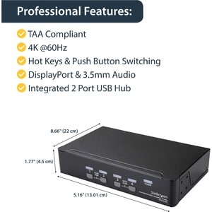 4 Port DisplayPort KVM Switch, 4K 60Hz, Einzelner DP 4K Bildschirm, Vier Port DP 1.2 KVM Switch mit integriertem USB 2.0 H