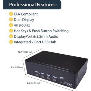 StarTech.com 4 Port Dual DisplayPort KVM Switch - DisplayPort 1.2 KVM - 4K 60Hz - 4 Computer - 1 Lokaler Benutzer(n) - 384