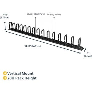 StarTech.com Vertikaler Kabelordner mit D-Hacken - 0U - 85cm - Rack Kabelmanager - Kabelbündler - 20U Rack Height x 50,8 m