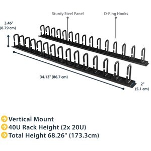 StarTech.com Vertikaler Kabelordner mit D-Hacken - 0U - 1,8m - Rack Kabelmanager - Kabelbündler - 40U Rack Height x 50,8 m
