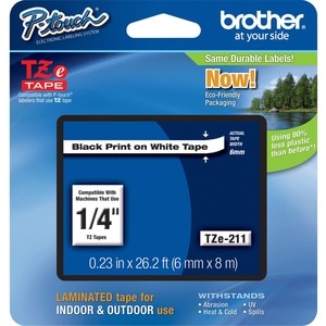 Ruban d'étiquettes Brother TZE211 - 6,35 mm Largeur - Blanc - 1 Unité - Résistant à la graisse, Résistant à la saleté, The