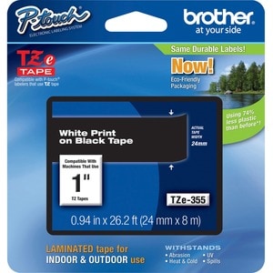 Etikettenband P-touch TZE355 - 25,40 mm Breite x 7,99 m Länge - Rechteck - Thermotransfer - Weiß, Schwarz - 1 Each - Fettb