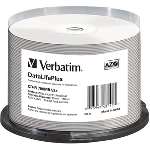 Verbatim CD-R 52x DataLifePlus. Typ: CD-R, Kapazität ohne Komprimierung: 700 MB, Menge pro Packung: 50 Stück(e). Schreibge