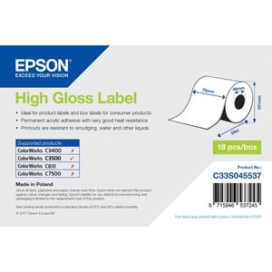 Barcode-Etikett Epson - 76 mm Breite x 33 m Länge - Permanent Kleber - Rechteck - Tintenstrahl - Weiß - Papier - 1 / Rolle